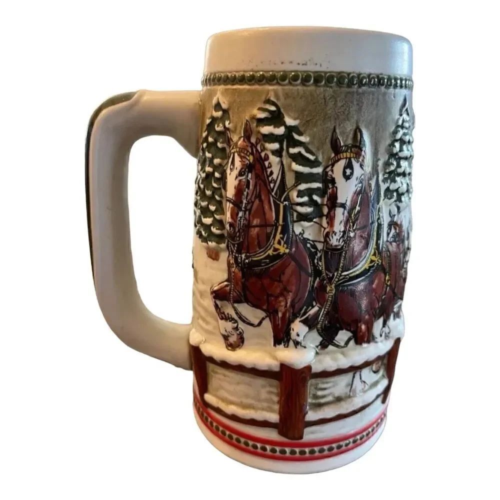 Budweiser Stein Beer Mug Clydesdales Horses Holiday Christmas 6 1/4”Tall Vintage